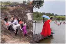 Hài hước màn rước dâu như đi “thỉnh kinh”, cả đoàn phải lội nước