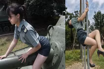 Mặc quân phục ưỡn ẹo chụp ảnh, cô gái Đài Loan bị “sờ gáy”