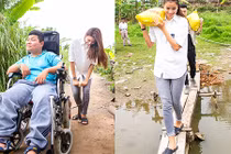 Phạm Hương vác gạo, bơm xe lăn cho trẻ em nghèo