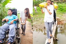 Phạm Hương vác gạo, bơm xe lăn cho trẻ em nghèo