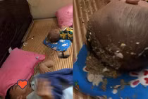 Ngán ngẩm cảnh ông chồng uống say về nôn cả vào đầu con