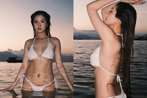 Bà xã Hồ Quang Hiếu diện bikini đón hoàng hôn trên biển