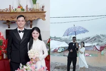 Cô dâu chú rể viral MXH khi chụp ảnh với rạp cưới đổ sập