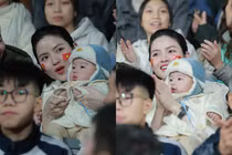 Vợ Quang Hải đưa con nhỏ lặn lội lên Việt Trì cổ vũ ĐTVN