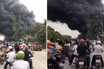 Cháy khủng khiếp xưởng sơn trên Đại lộ Thăng Long, Hà Nội