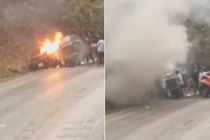 Ô tô hơn 2 tỷ cháy trơ khung sau va chạm trên quốc lộ 6