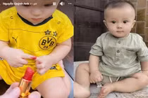 Quý tử nhà Đỗ Duy Mạnh mang son hiệu của mẹ làm đồ chơi