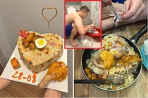 Cô gái làm bánh sinh nhật từ cơm rang thập cẩm tặng bạn trai