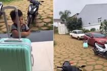 Giận dỗi bỏ nhà đi, cậu nhóc mếu máo kéo vali về nhà ngoại