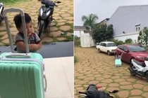 Giận dỗi bỏ nhà đi, cậu nhóc mếu máo kéo vali về nhà ngoại
