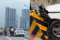 Xe “Mẹc” tiền tỷ bẹp đầu trên đường cao tốc trên cao