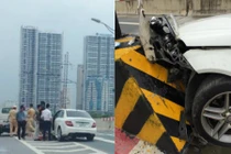 Xe “Mẹc” tiền tỷ bẹp đầu trên đường cao tốc trên cao