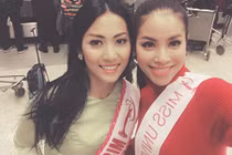 Phạm Hương đọ sắc thí sinh Myanmar ở sân bay Las Vegas