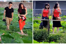 Thiếu nữ Hà thành diện váy, yếm chụp ảnh với sen