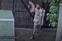 Nhân viên sở thú múa quạt cạnh chuồng hươu