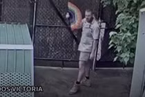 Nhân viên sở thú múa quạt cạnh chuồng hươu