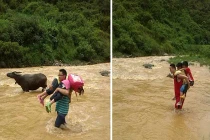 Thầy giáo cõng học sinh vượt lũ đến trường