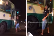 Thanh niên manh động đập kính xe buýt, bị phụ xe đuổi đánh