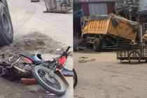 Phú Thọ: Xe máy nằm dưới bánh xe tải sau cú va chạm kinh hoàng