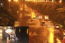 Mưa lớn, đường biến thành sông người dân bắt cá trên đường Hà Nội