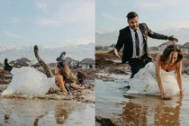 Bộ ảnh cô dâu chú rể ngã nhào xuống vũng bùn gây sốt