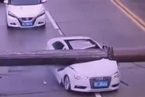 Video: Cần trục đè bẹp đầu ô tô Audi, tài xế thoát chết thần kỳ
