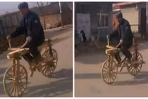 Mục sở thị chiếc xe đạp bằng gỗ bon bon trên đường