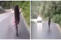 Không dám nhìn cảnh gái trẻ bốc đầu xe đạp khi xuống dốc