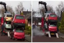 Kinh ngạc với cảnh ô tô cõng nhau lên xe tải