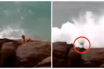 Kinh hoàng cảnh người đàn ông bị sóng dữ hất tung lên trời