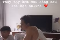 Hồ Ngọc Hà nằm thảnh thơi ngắm Kim Lý dạy Subeo học bài