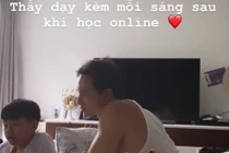 Hồ Ngọc Hà nằm thảnh thơi ngắm Kim Lý dạy Subeo học bài