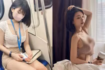 Hot girl xinh đẹp ngủ gật trên tàu điện, lộ vòng 1 hớ hênh 