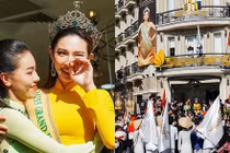 Hoa hậu Thùy Tiên lộ diện cực xinh, bật khóc trước giờ diễu hành