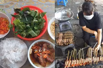 Hấp dẫn món bún chả kẹp que tre ở Hà Nội