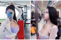 Đi tàu điện, hot girl “siêu vòng 1” mặc hở bạo gây sốc