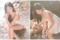 Hot girl mặc váy xuyên thấu, khoét ngực sâu đi tắm suối