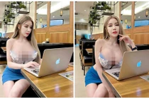 Hot girl hở nửa vòng một ở quán ăn gây phản cảm