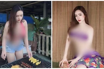 Ngượng chín mặt hot girl “mặc như không” khi nướng thịt, nạo dừa