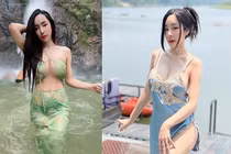 Hot girl mặc váy xuyên thấu xẻ ngực sâu khi tắm dưới thác nước