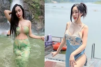 Hot girl mặc váy xuyên thấu xẻ ngực sâu khi tắm dưới thác nước