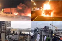 Hiện trường kinh hoàng xe khách tông container, cháy rụi trên cao tốc