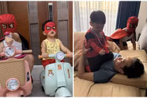 Cường Đô la khoe hai con hóa siêu nhân vô cùng đáng yêu