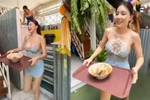 Cô gái phục vụ mặc áo hai dây, khoe vòng 1 “căng tràn bờ“