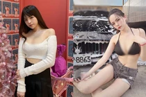 Ngượng chín mặt hot girl xinh đẹp diện áo tắm khi rửa xe