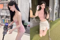 Hot girl diện đồ ngủ bó sát làm việc nhà khoe body cực phẩm