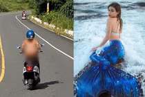 “Mỹ nhân ngư” mặc bikini phóng xe máy trên đường gây choáng