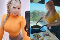 Mặc áo xẻ sâu hút, hot girl xinh đẹp “gây bão” khi nấu ăn