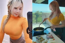 Mặc áo xẻ sâu hút, hot girl xinh đẹp “gây bão” khi nấu ăn