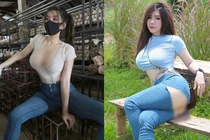 Ngượng chín mặt hot girl mặc đồ cắt xẻ hở hang khi làm nông